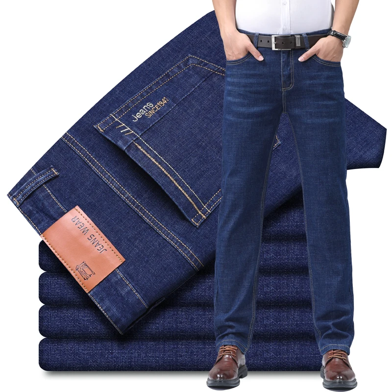Men Stretch Denim Straight Leg Jeans Soft Comfort Business Casual Pants Fashion Work Trousers for Men All Match Daily Wear