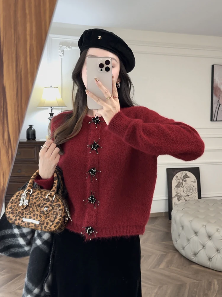 

Zhang ei New Year's Soft Knitted Cardigan Red Firework Button Commute Sle Loose Fit Polyester Wool Blend Long Sve