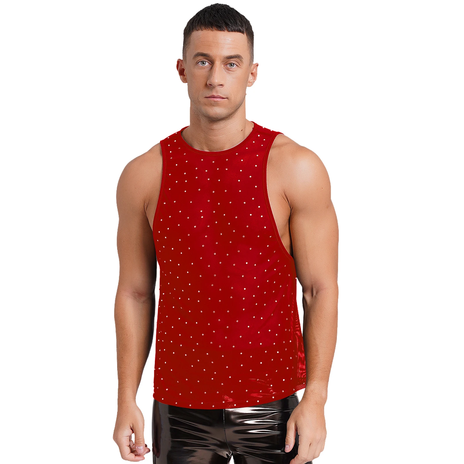 Mens Sexy See Through Mesh Tank Top Vest Round Neck Rhinestone Sheer Waistcoat Tops to Show Muscle Fitness Rave Party Clubwear