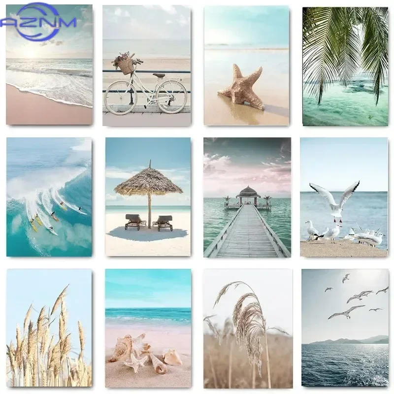 Vibrant Beach Ocean Canvas Art Print with Bridge Leaves Turtle Seagull  Summer Nordic Home Wall Decor Poster