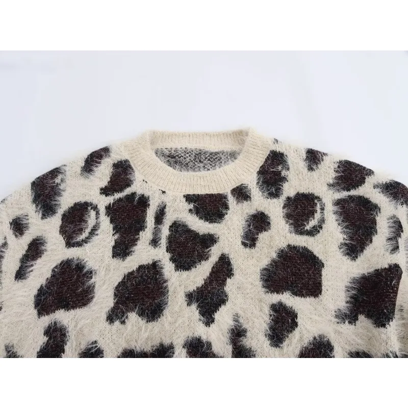 TRAF ZR Cozy Sweaters American Retro Leopard Print Pullovers Long Sleeve Sweaters Flocking Pullovers Ladies Autumn Sweater