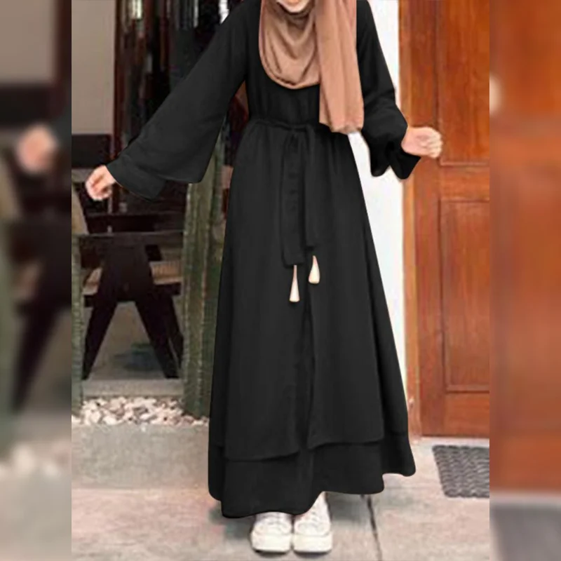 Muslim Fashion Literary Vintage Casual Loose Round Neck Belted Dress