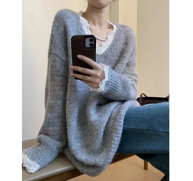 

V-Neck Comfortable Casual Mid-Length TopLoose Women's Korean Style Lazy Style Lace Trim Knitted Sweater Long Sleeve