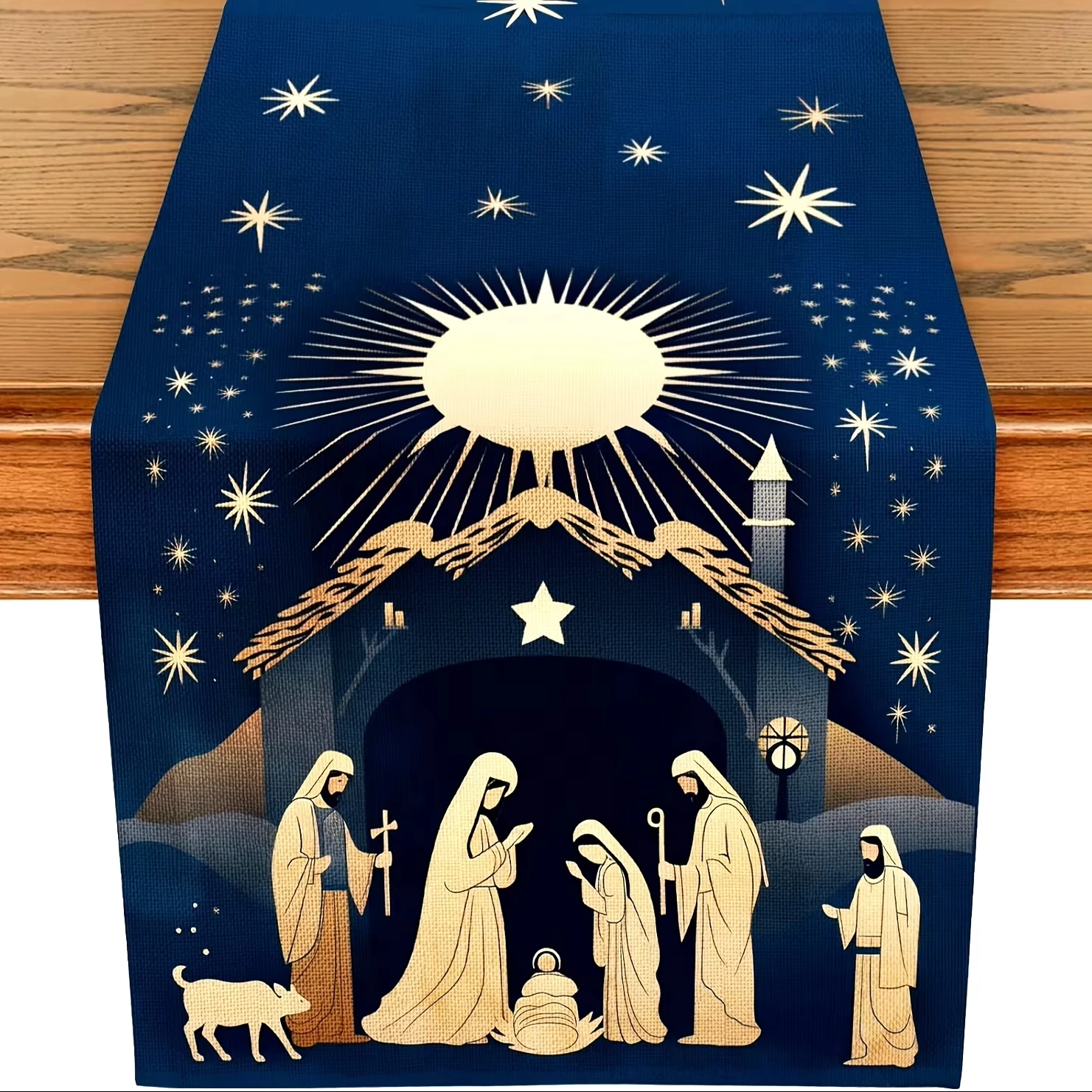 Weihnachts-Tischläufer aus Leinen – Jesus-Krippe-Druck |   Winter-Weihnachtsdekoration |   Perfekt für Küche und Esstisch