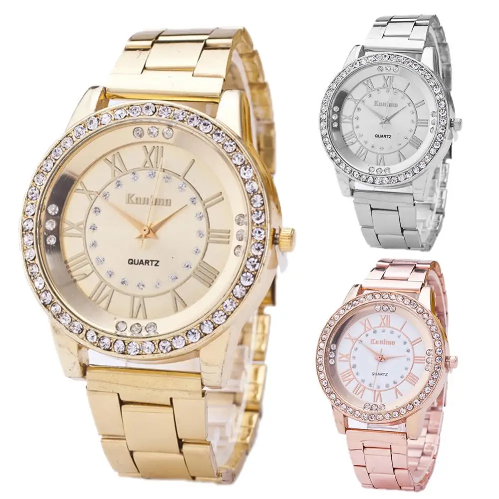 

Fashion Quartz Wristwatches Women Roman Numerals Rhinestone Index Alloy Band Round Dial Quartz Wrist Watch