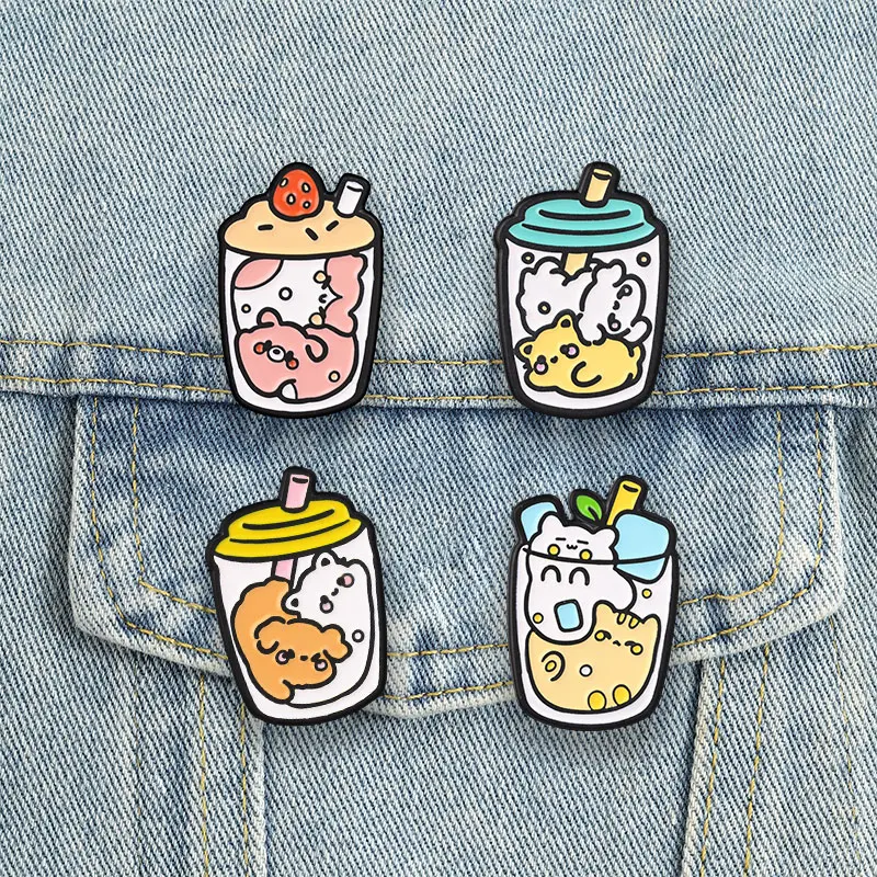Cute Bubble Tea Badges Kawaii Cartoon Animal Milk Tea Cup Brooch Puppy Cat Bear Accessories Sweet Small Gift