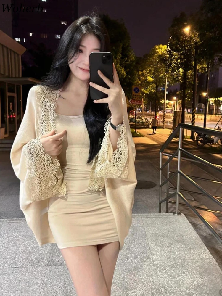 Korean New Women's Fashion Temperament 2 Piece Sets Long Sleeve Lace Patchwork Cardigan Coat Solid Sleeveless Vintage Vest Dress