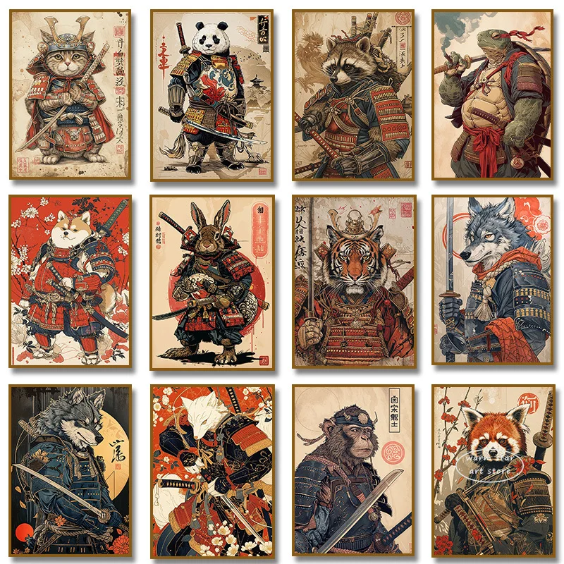 Pintura en lienzo de estilo japonés para decoración del hogar, Samurai, gato, mapache, Panda, Tigre, zorro, conejo, Lobo, carteles artísticos de animales para sala de estar