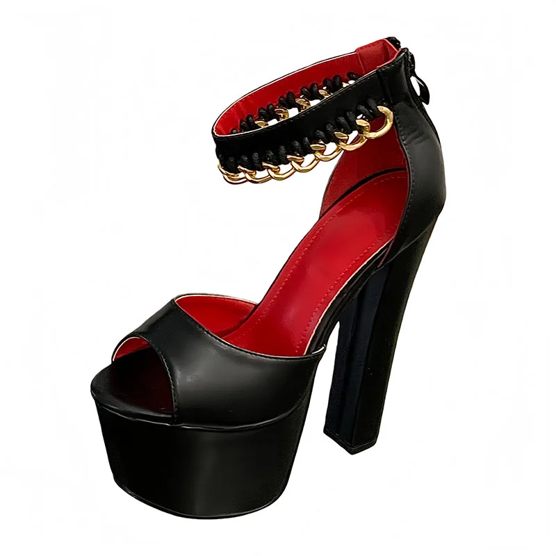

16CM Extreme High Heels Sandals Woman Chunky Platform Shoes Sexy Open Toe Stripper Heels Gold Chain Black Summer Shoes