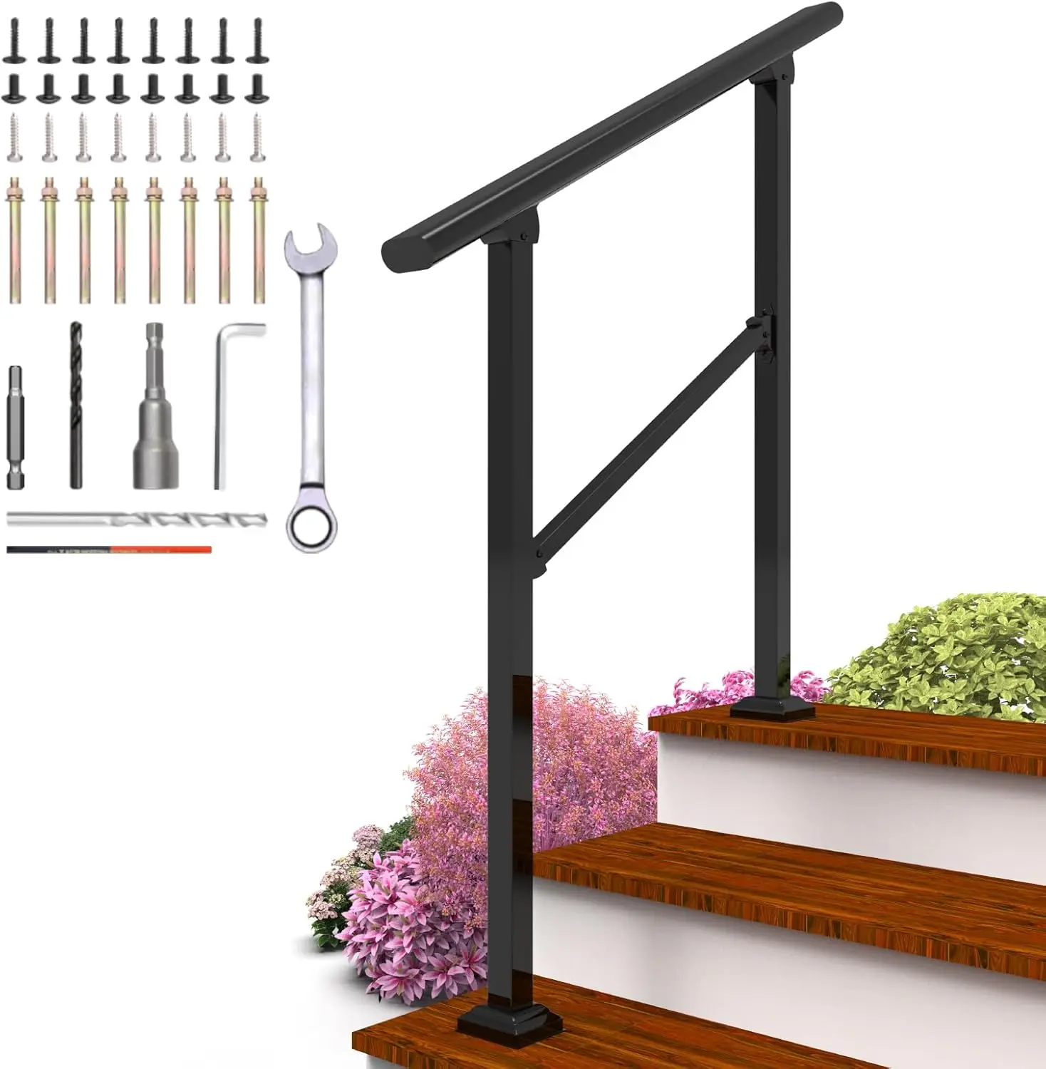 

Outdoor Step Handrails, Wrought Iron Railing Kit for Concrete, Brick, Wood Steps - 3-Step Design for Safety and Durability