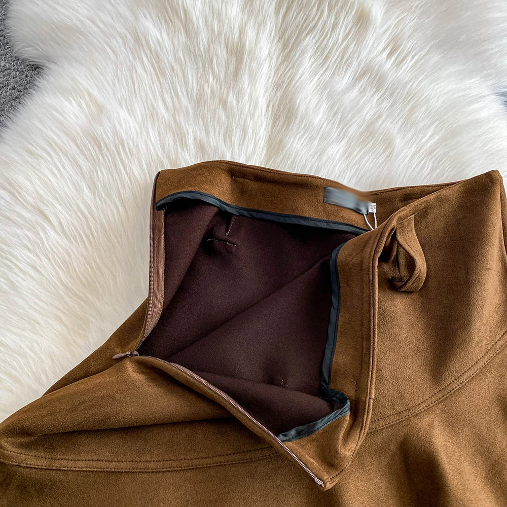 TWOTWINSTYLE Vintage Solid Suede Fabric Skirts For Women High Waist Autumn Temperament Irregular Ruffle Skirt Female KSK553267