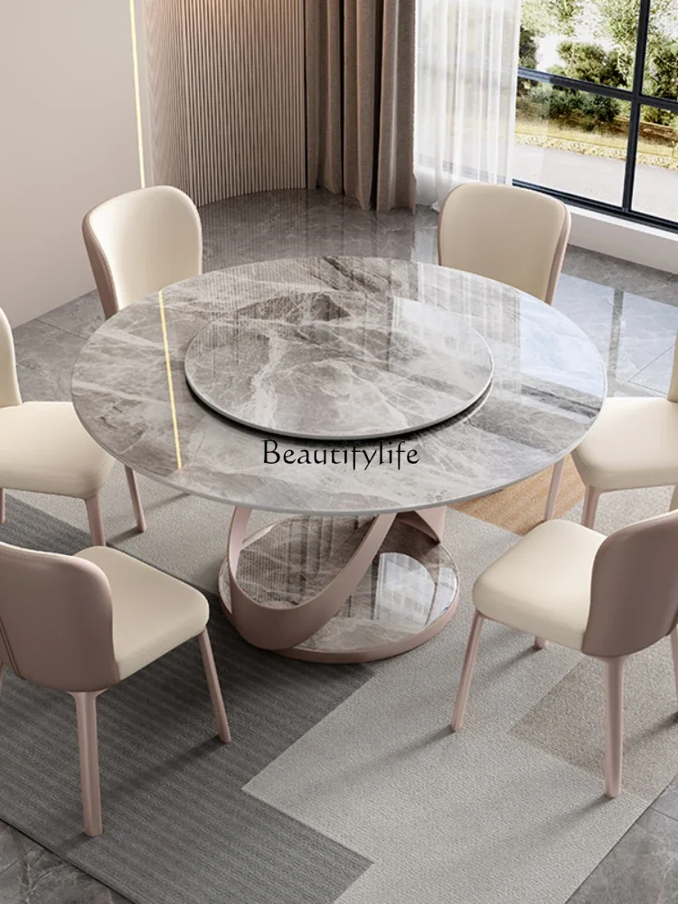 Pandora rock slab round dining table light luxury with turntable high-end round table