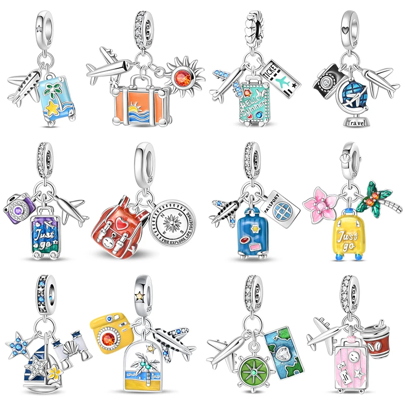 925 Sterling Silber Reise-Thema Anhänger Flugzeug Gepäck Perlen für Damen DIY Armband Urlaub Reise Schmuck Geschenk