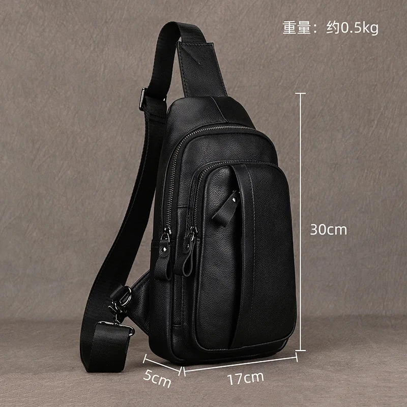 Real leather men's chest bag black large capacity flat storage multi-function travel commuting men's bag
