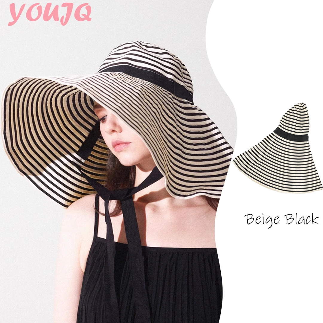 

Large Brim Beige White Striped Sun Fisherman Hats for Female Summer UV Protection Outdoor Travel Sunscreen Sunshade Basin Caps