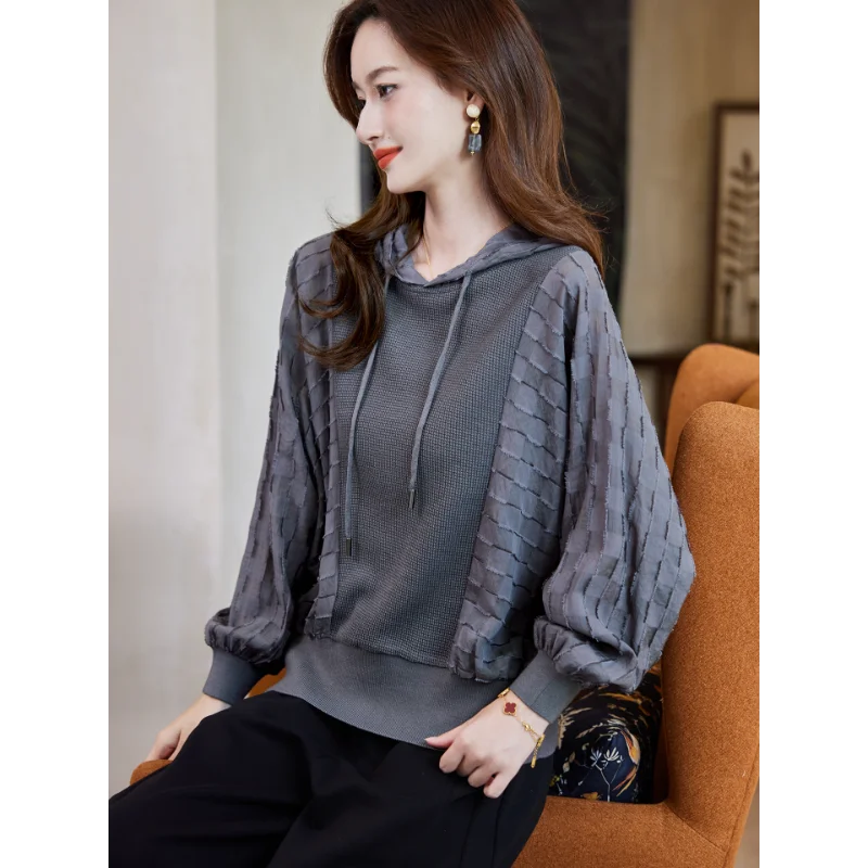 Mode Lässig Patchwork Batwing Hülse Mit Kapuze Hoodie Frauen Frühling Herbst Neue Stil Minimalistischen Vielseitig Pullover Top