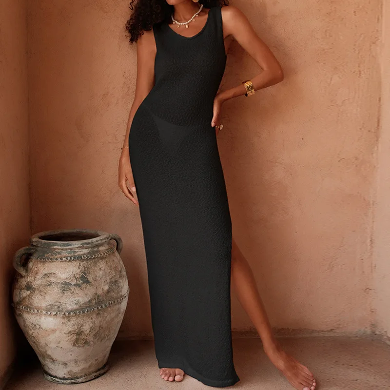 

2025 модная женская одежда, длинная сексуальная вилка с разрезом по бокам, горячая облегающая трикотажная пляжная блузка на подтяжках, длинная юбка