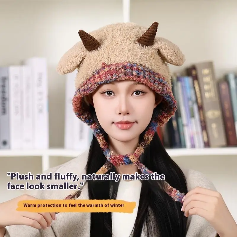 【A-Beautiful 】Topi Rajut Dua Lapis Model Telinga Domba Korea |   Pelindung Telinga Hangat untuk Kepala Besar
