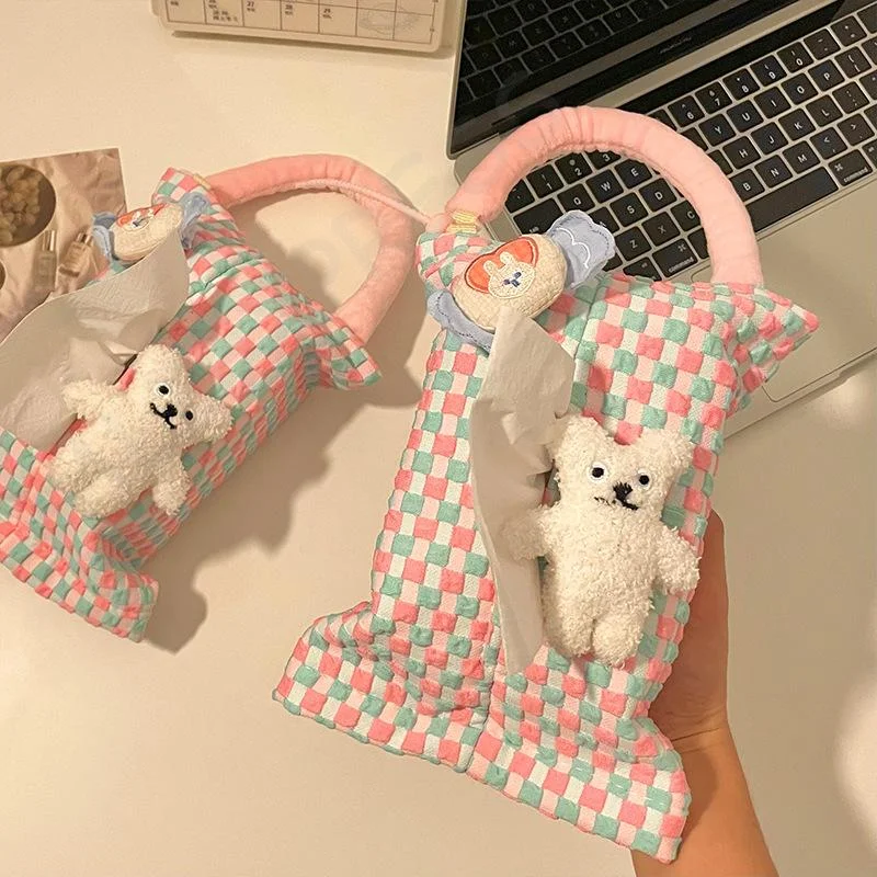

NewPink Plaid Fabric Tissue Box Portable Hanging Tissue Case Living Room Container Home Car Towel Napkin Holder Home Decoration