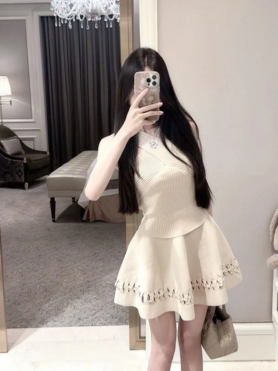 

LXYG Cross Knitted Top And Hollow out Skirt Two Piece Set Elegant Birthday Dress for Women High Waist Slim Fit Summer Outfit