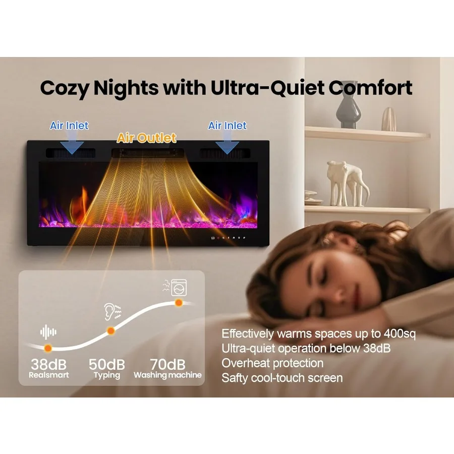 Electric Fireplace Wall Mounted 50 Inch Insert Fireplaces 750/1500W Recessed Heaters with Remote Control Touch Screen Timer Adj