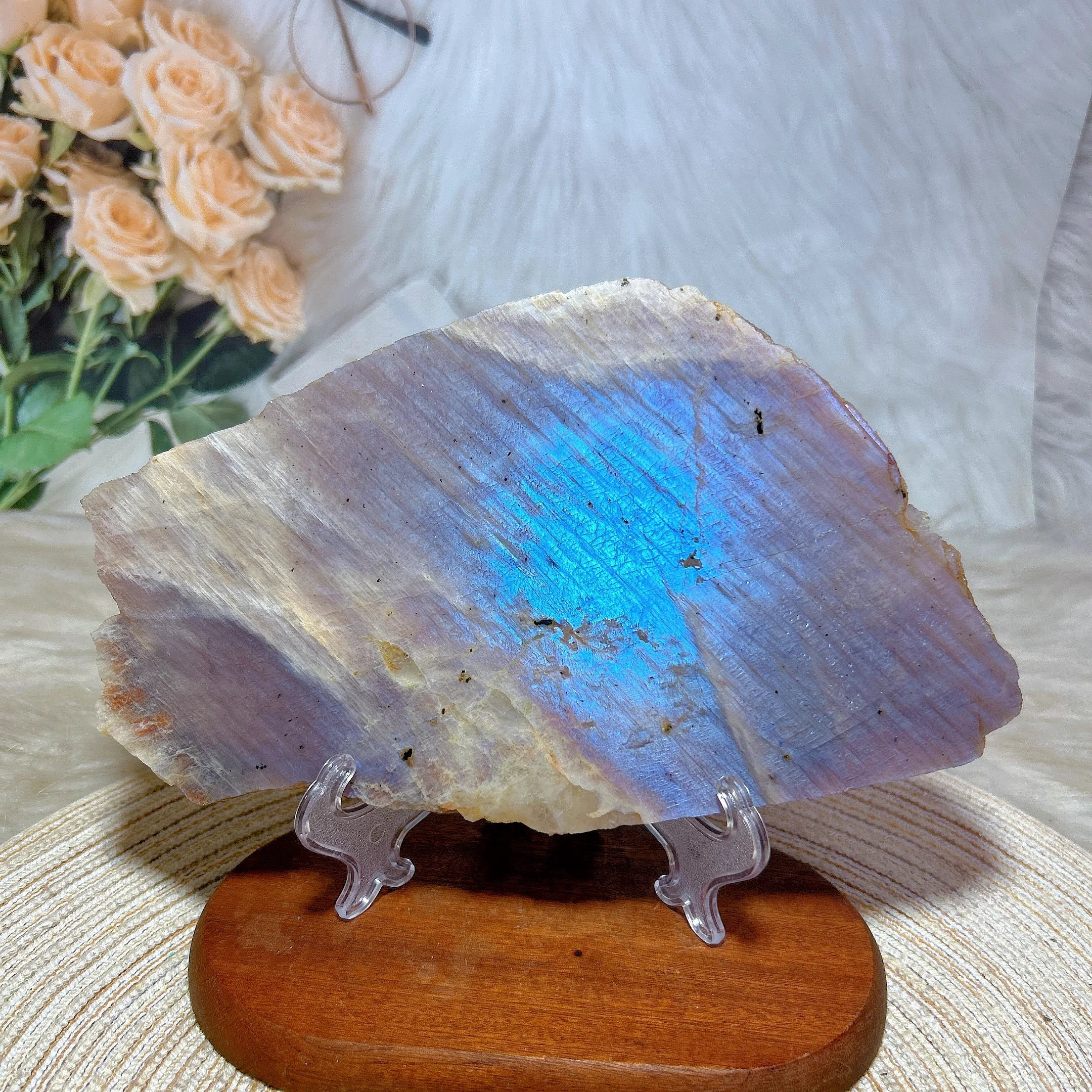 Natural Crystal Gem Sunstone With Blue Flashy Moonstone Slab Gemstones Rainbow Reiki Healing Room Decor Mineral Energy Gift