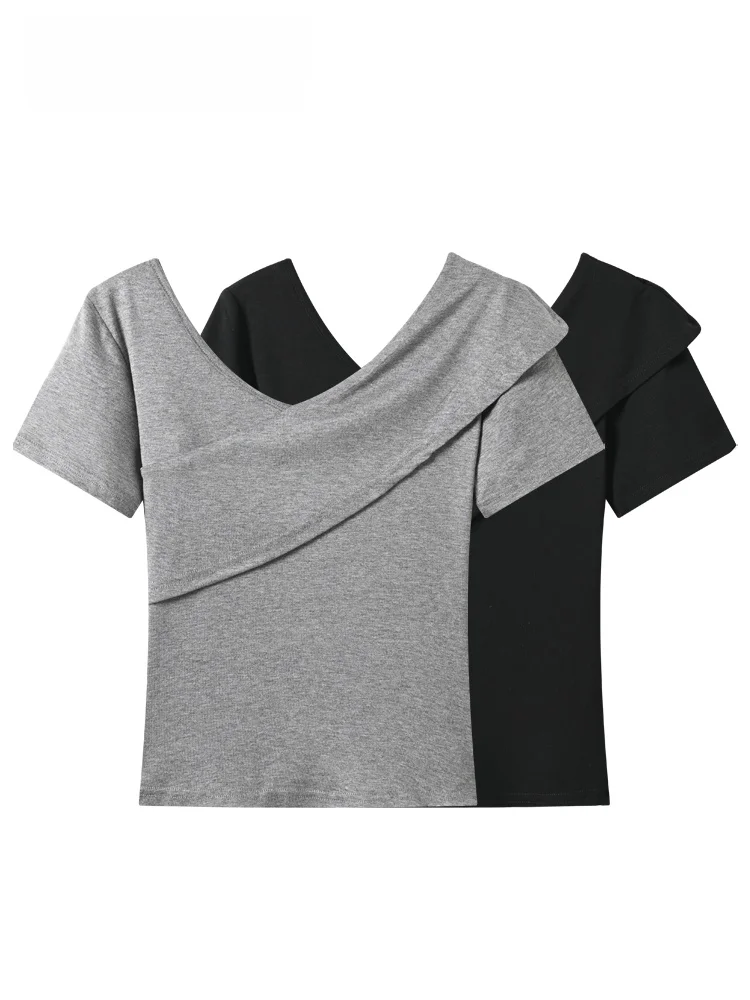 

CaraCLUB plus Size Women's T-Shirt Short Sleeve V-Neck Design Summer New Style Slimming Versatile Shoulder Width Regular Length