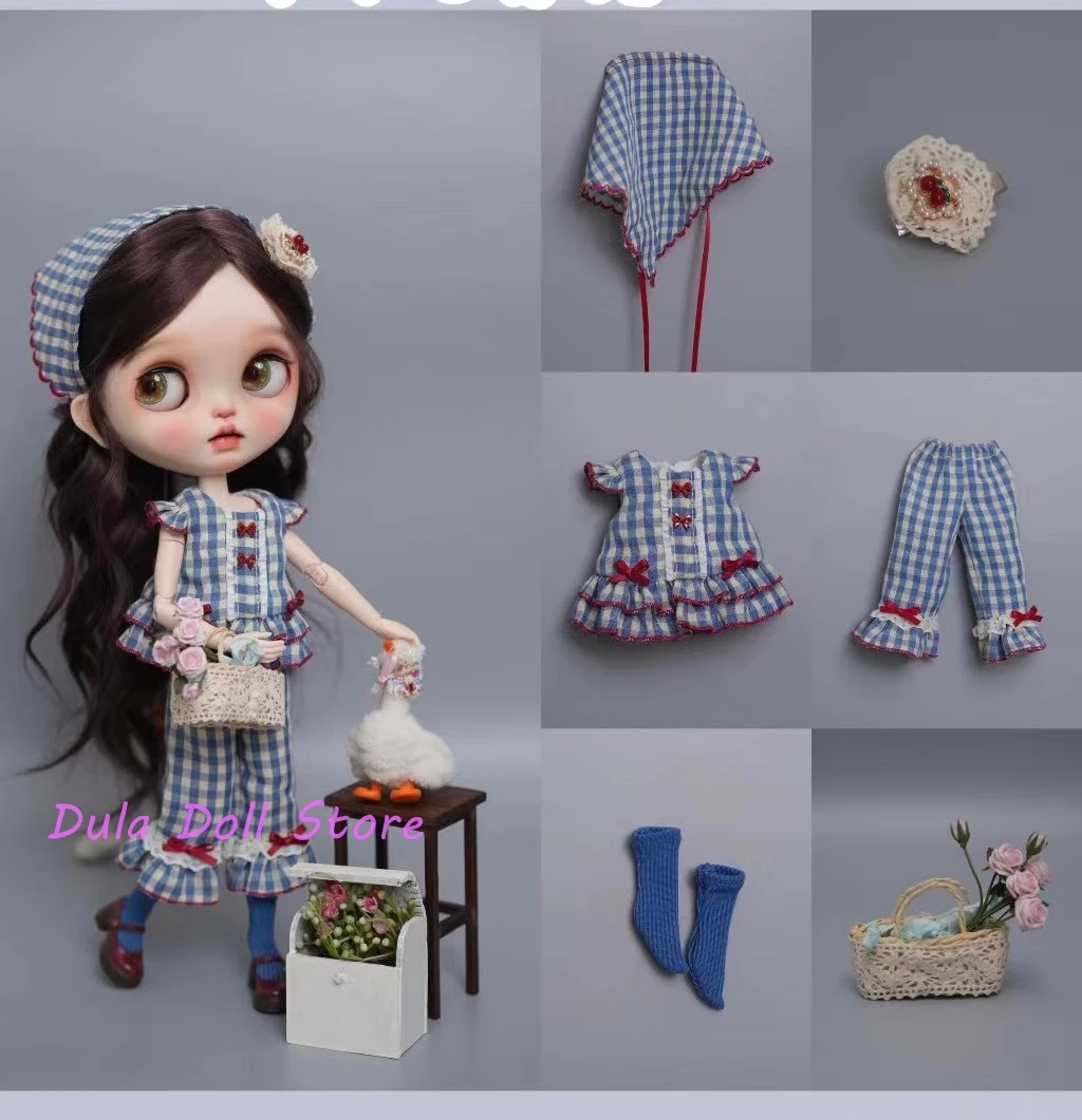 （3-3）Special Offer! Blue checkered cherry set Dula Doll Clothes Dress Blythe Qbaby ob24 ob22