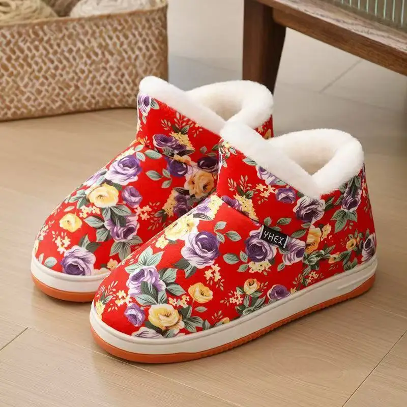 

Women's Winter Print High Top Cotton Boots Thick Sole Ethnic Style Thicken Plush Keep Warm Home Cotton Shoes Elderly Cotton Shoe