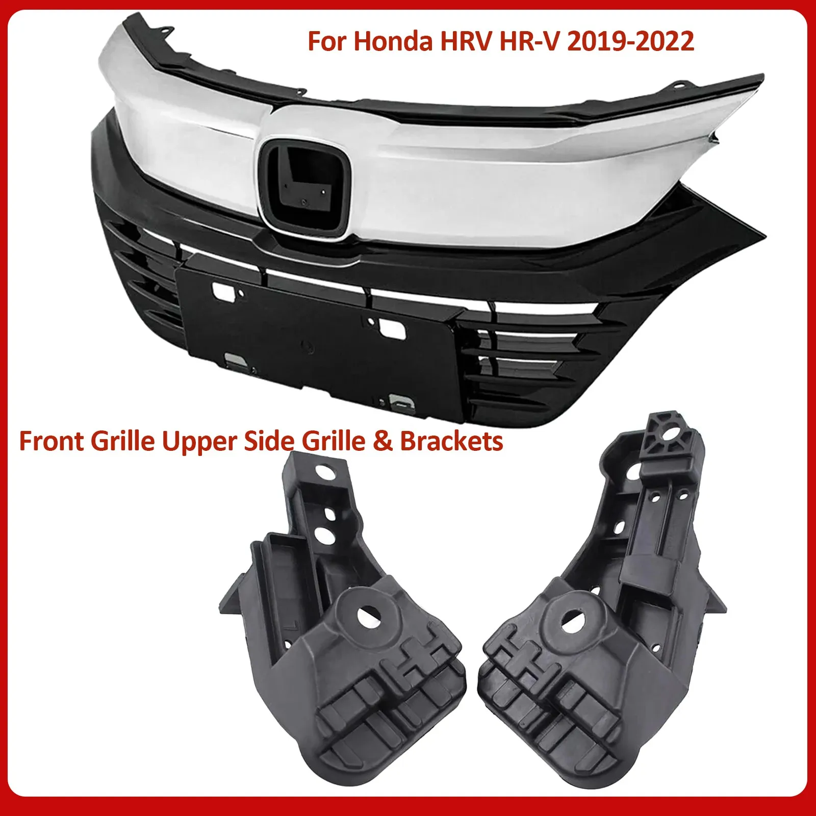 

Front Bumper Upper Grille & Brackets For 2019 2020 2021 2022 Honda HRV HR-V 3PCS