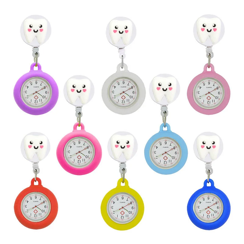 

YiJia 10pc Cartoon Teeth Retractable Badge Reel Quartz Dental Clinic Nurse Pocket Watch with Silicone Case and Luminous Pointer