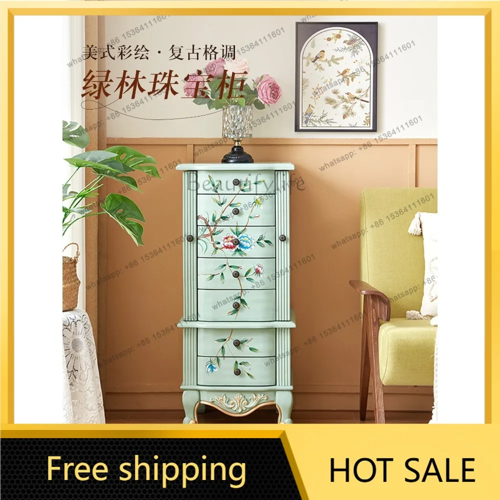 FG jewelry cabinet floor-to-ceiling American solid wood retro vertical jewelry painted drawer storage cabinet with mirror
