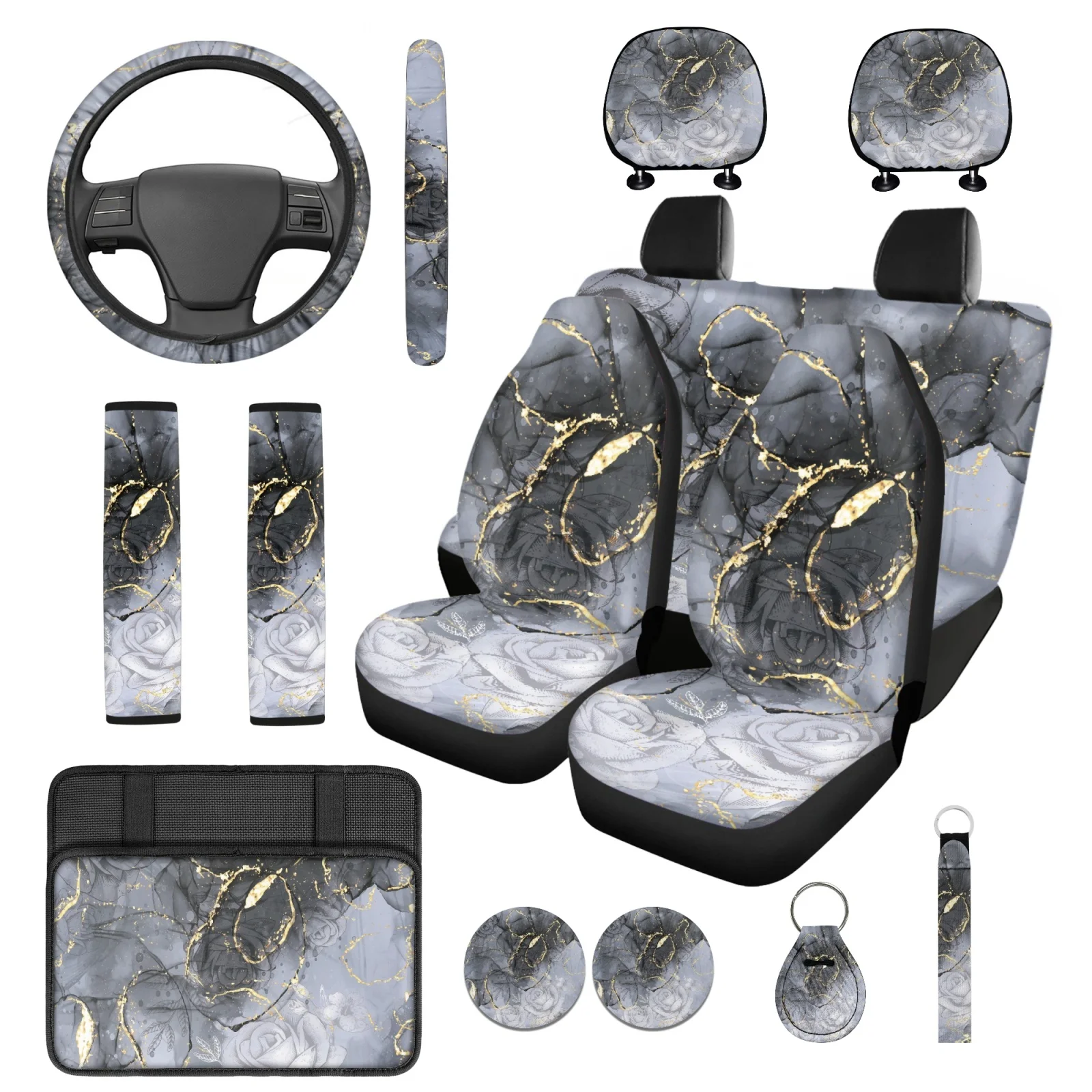 Coloranimal Marble 14 Pieces Cars Seat Covers Sets with Long Lasting Auto Seat Belt Cover and Key Fob for Car Interior