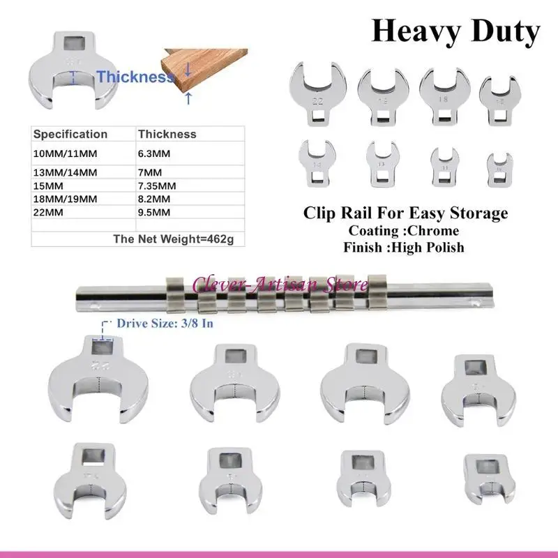 E06B 3/8 인치 드라이브 메트릭 크로우 풋 렌치 세트 10mm 11mm 13mm 14mm 16mm 18mm 19mm 22mm