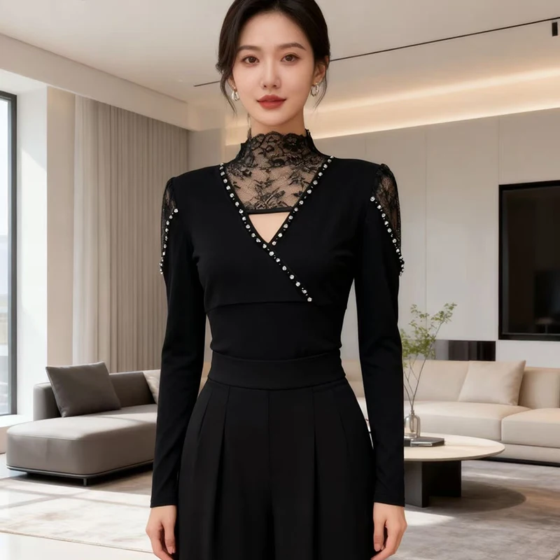 2026,European,Clothes,Cotton,T-Shirt,Fashion,Sexy,V-Neck,Patchwork,Lace,Mock Neck,Women,Tops,Long Sleeve,All Match,Tees,511009