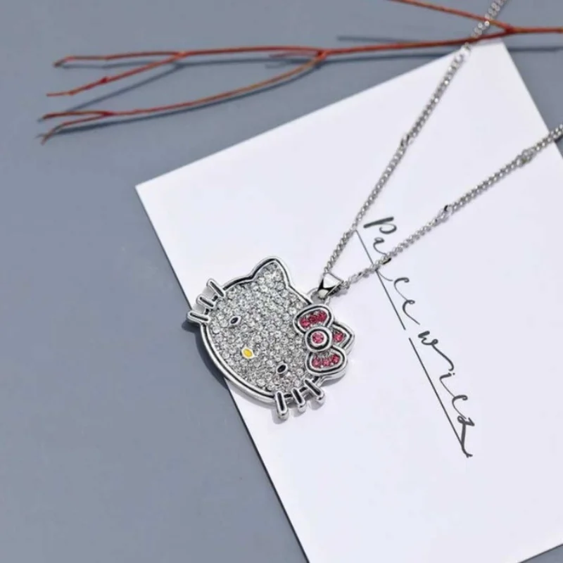 헬로 키티 산리오 목걸이, 체인 합금 실버 크리스탈, 여성 매력 라인스톤 고스 펜던트, 주얼리, 발렌타인 데이 선물