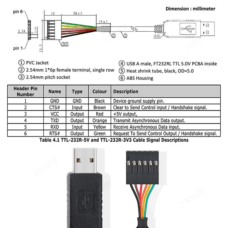 6Pin TTL-232R-5V/3V3 FTDI FT232 USB 2.0 to TTL 5V 3.3V Download Debug Cable Adapter Module for Arduino