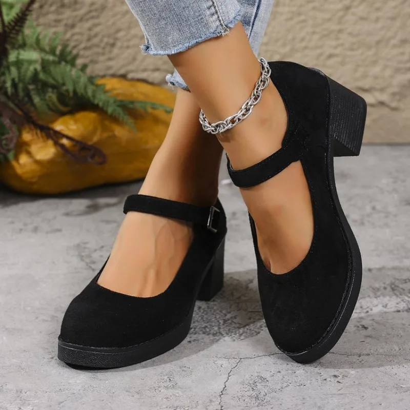 Fashionable Large Size Spring Autumn Surface Single Shoes with Buckle Thick Heel Women's Comfortable Casual Shoes