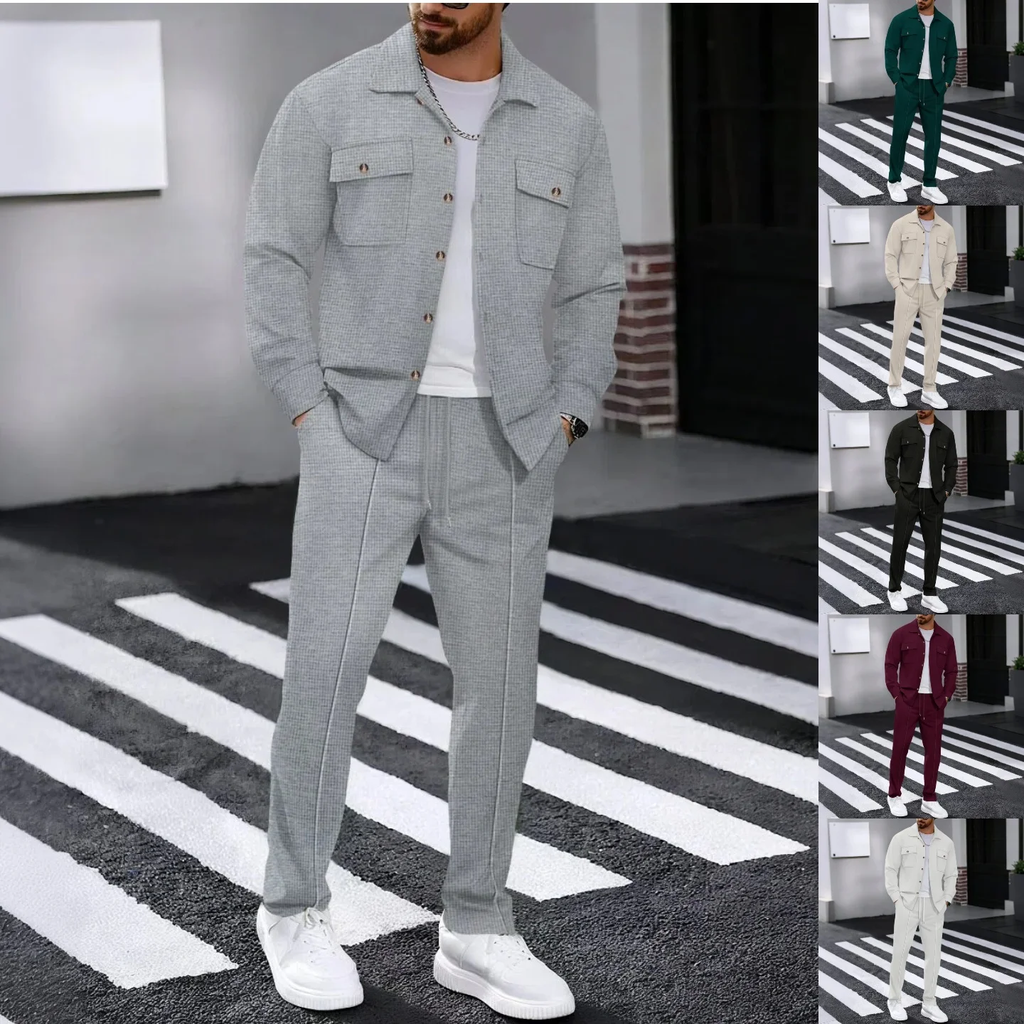 Spring Autumn Men's New Style, Trendy, Solid Color, Simple Design, Versatile, Waffle Fabric, Long-Sleeved Long Pants Set