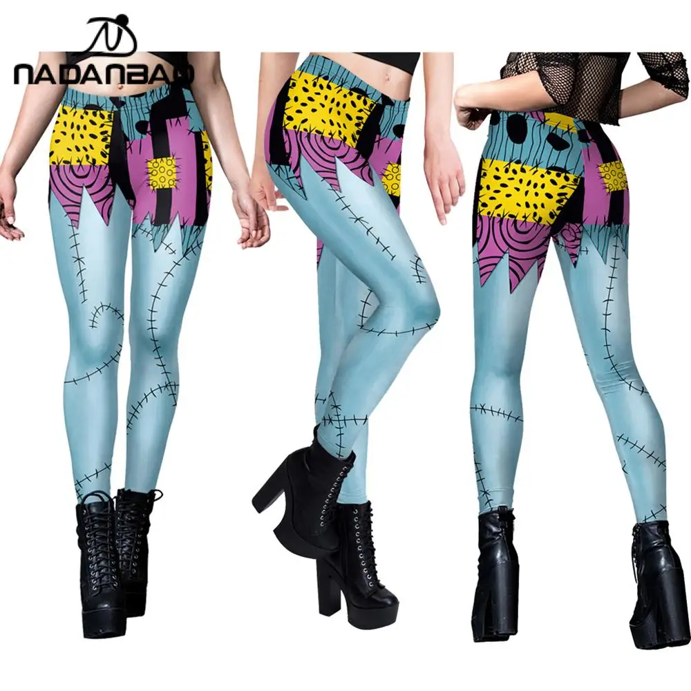 NADANBAO Sally Cosplay Leggings for Women Halloween Party Dress Up 3D Printed Pants Elastic Sexy Tights Ankle Length Trousers