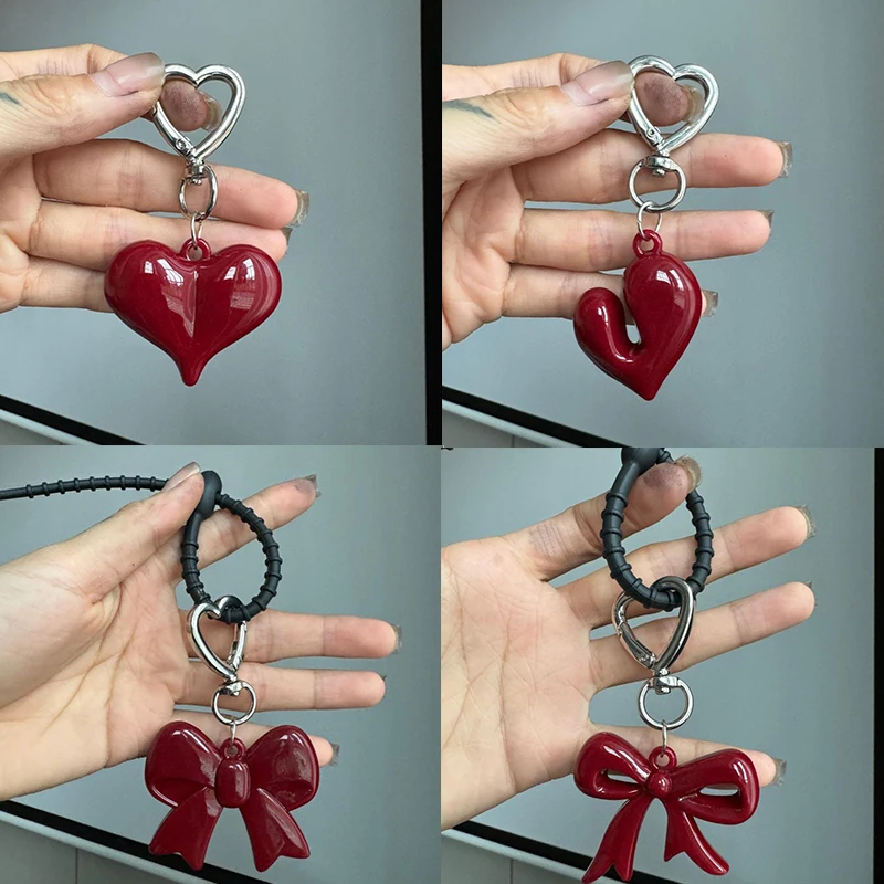 Exquisite Temperament Red Heart Bow Charms Car Keychain Phone Pendant Fashion Backpack Hanging Ornament Accessories Gifts