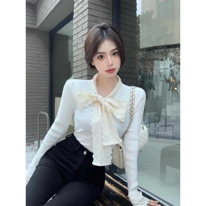

Autumn Winter French Bow Contrast Color Sweet Long Sleeve Knit Sweater