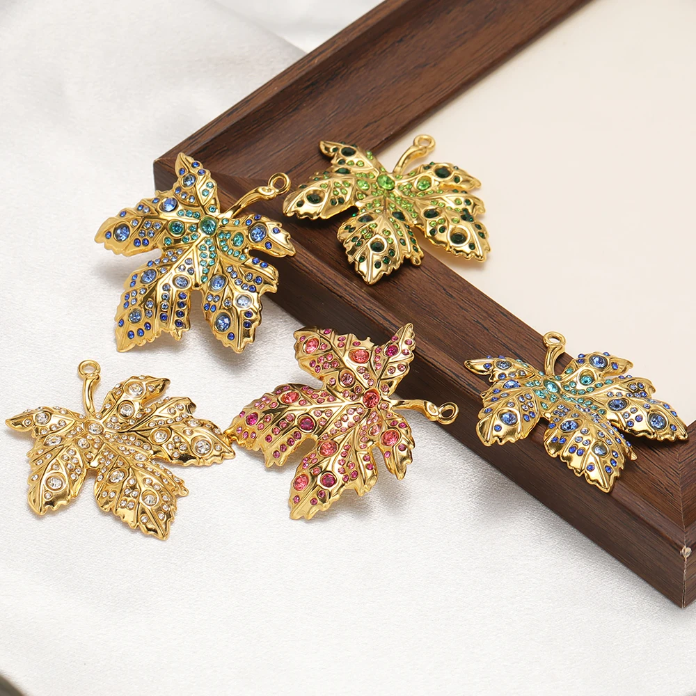2 Stück Edelstahl-Zirkon-Blattanhänger mit großen Blättern für DIY-Schmuck, Damen-Halsketten, Ohrringe, Armband-Zubehör – Detail 4