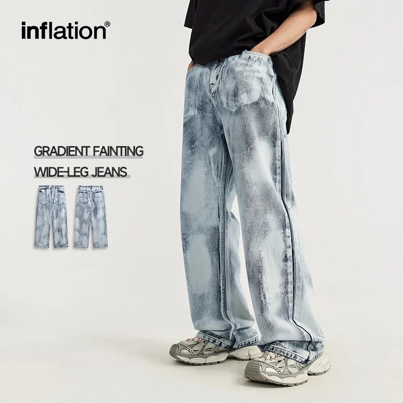 Inflação de perna larga jeans para homens, calças jeans, estilo streetwear, lavado