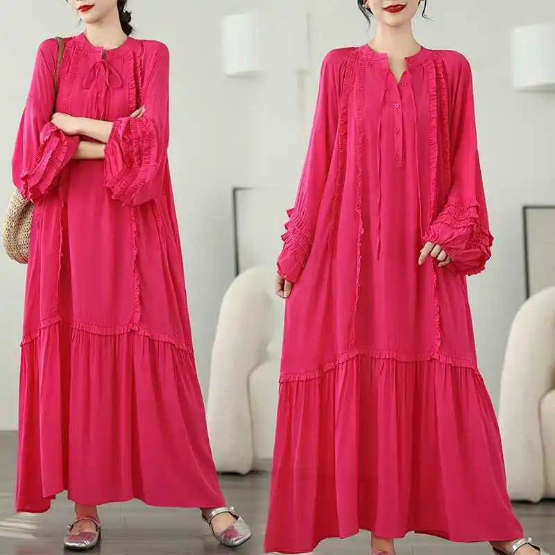

Women Long Pleated Dresses A Line Dress Solid Lace Up Button Long Sleeves Ankle Length Loose Fit Office Lady Casual 2025 Spring