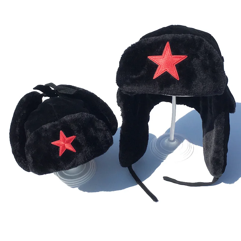 Red Star Lei Feng Hat Men\'s Fashion Winter Cycling Warmth Adding Plush And Thick Ear Protection Youth Cotton Hat Women