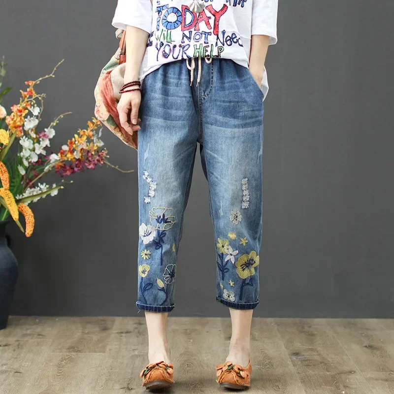 2024 Summer Fashion Ladies Ripped Holes Jeans Womens Embroidery Pants Female Loose Elastic Denim Trousers