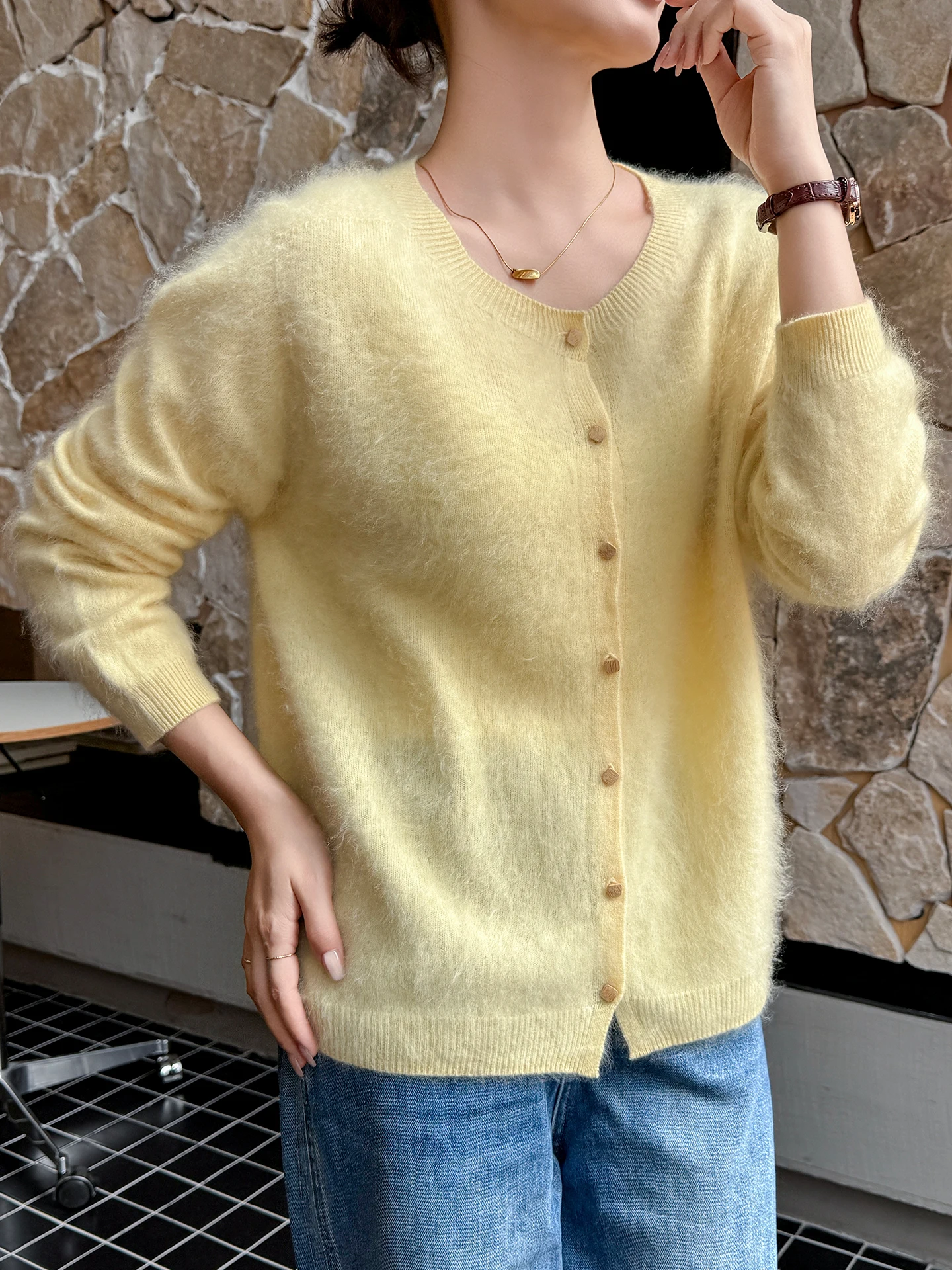 Elegant Brushed Merino Wool Blend Women's Sweater Autumn Winter Cashmere Knitted Cardigan Long Sleeve Clothes Top Lady Outerwear