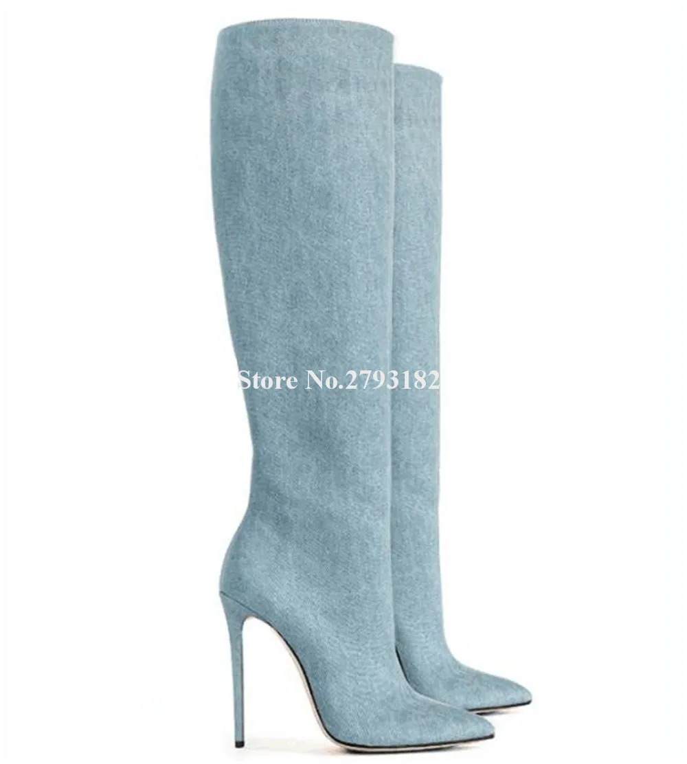 Sexy Slim Style Dark Blue Denim Stiletto Heel Knee High Boots Pointed Toe Light Blue Thin Heel Long Boots Big Size Heels