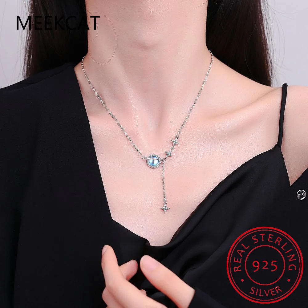 Round Natural Colorful Moonstone 925 Sterling Silver Planet Star Tassel Pendant Necklace for Women Gemstone Jewelry Choker Prata